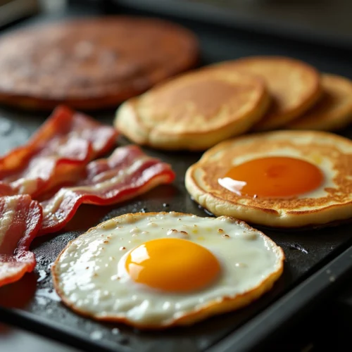 Blackstone breakfast recipes.A variety of Blackstone breakfast recipes, including crispy bacon, eggs, and pancakes, sizzling on the griddle for a perfect start to the day.