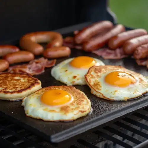 What temp should Blackstone griddle be for breakfast?Blackstone griddle cooking breakfast: pancakes, bacon, sausages, eggs, golden brown, crispy edges, griddle cooking, outdoor kitchen, morning meal